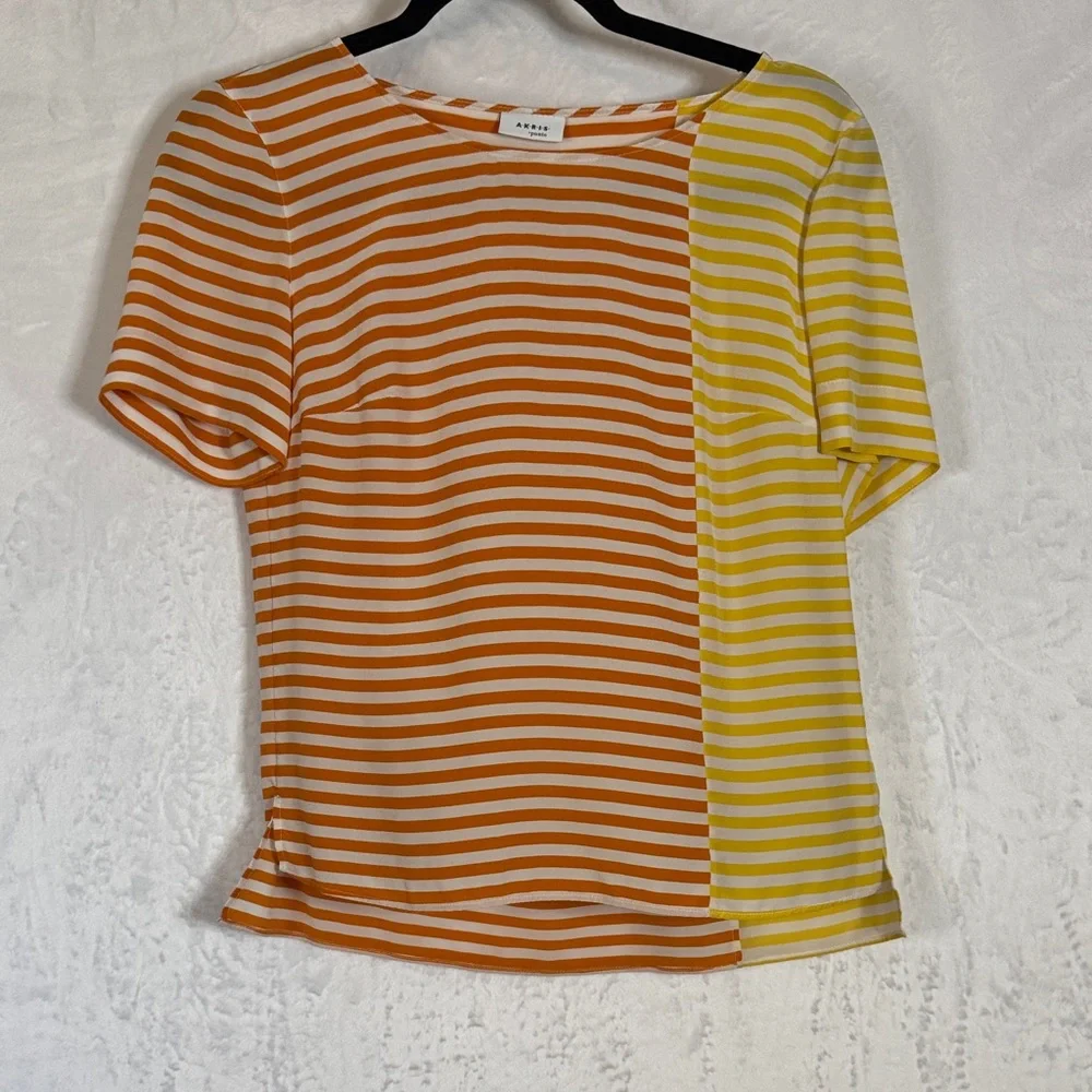Akris Punto Women's US 6 Orange & Yellow Striped 100% Mulberry Silk Luxury Top